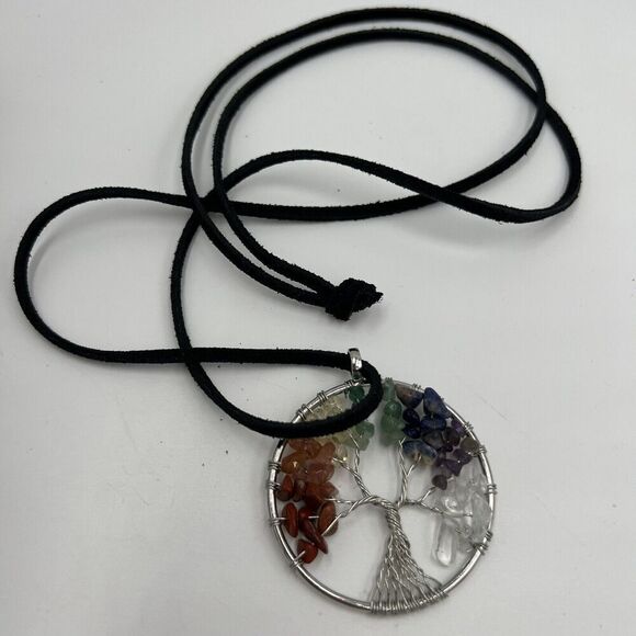 Natural Gemstone Tree Of Life Necklace Leather Chakra Healing Wire Wrap - Picture 2 of 8